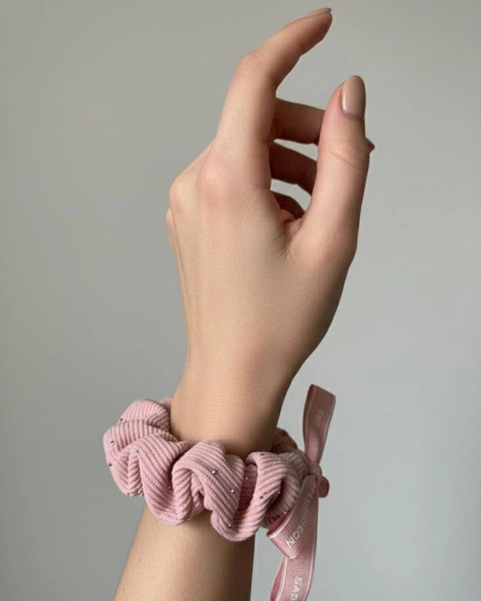 Korean Ribbed Cotton Pearl Bow Scrunchie