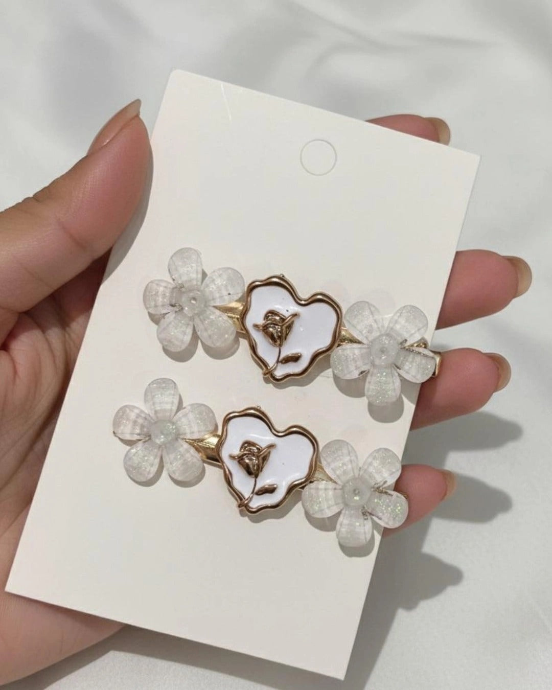 Korean Floral Pearl Hair Pins Set of 2 – Black & White Edition