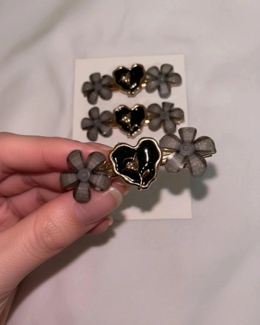 Korean Floral Pearl Hair Pins Set of 2 – Black & White Edition