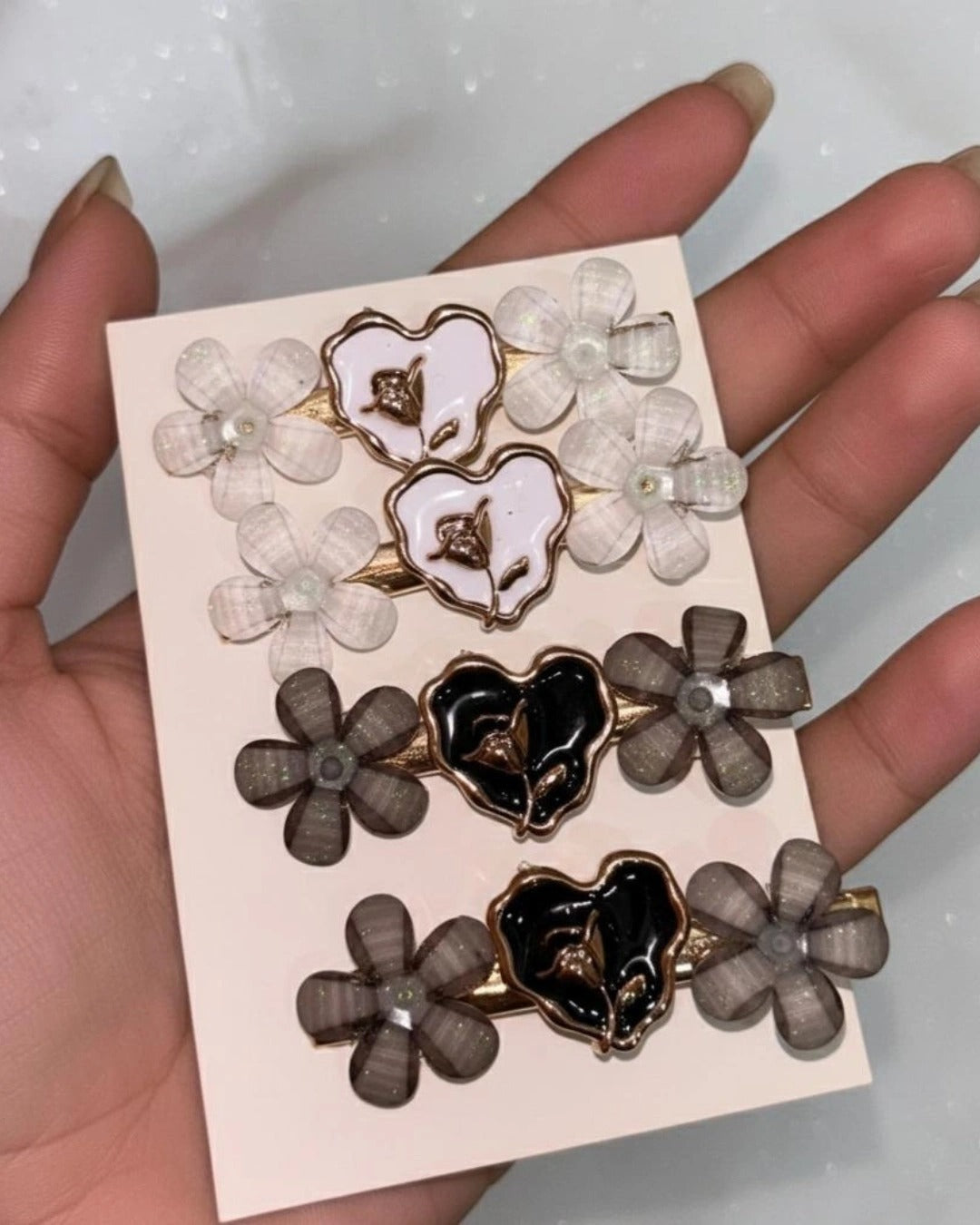 Korean Floral Pearl Hair Pins Set of 2 – Black & White Edition