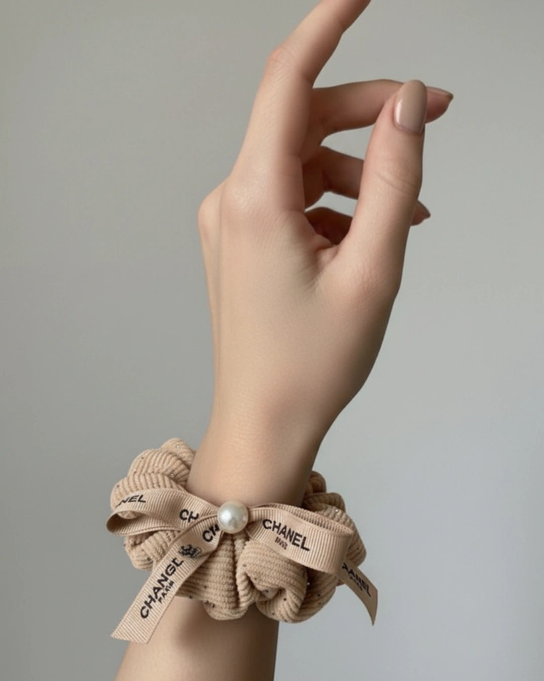 Korean Ribbed Cotton Pearl Bow Scrunchie