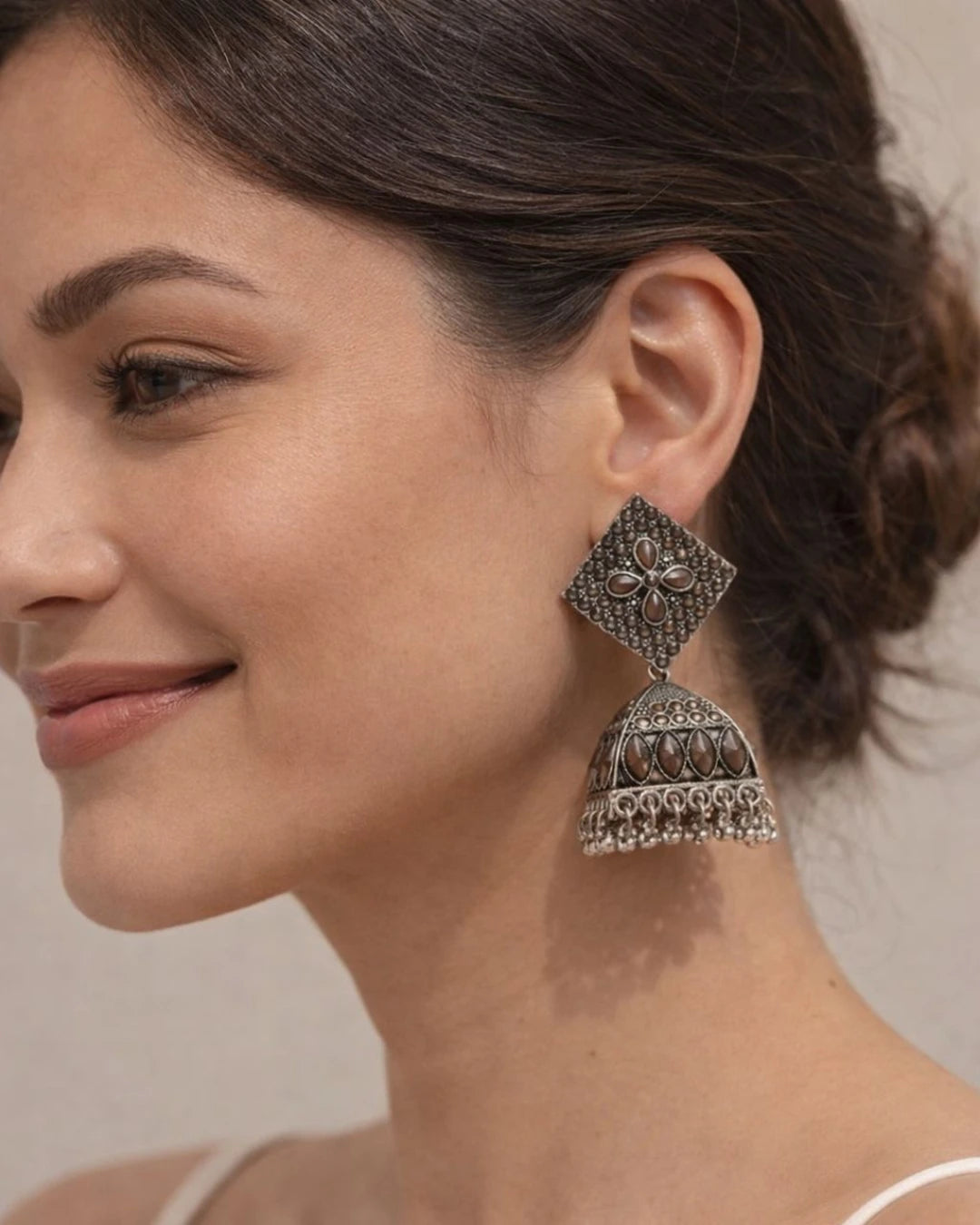 Square Shaped Silver Tone Drop Jhumka