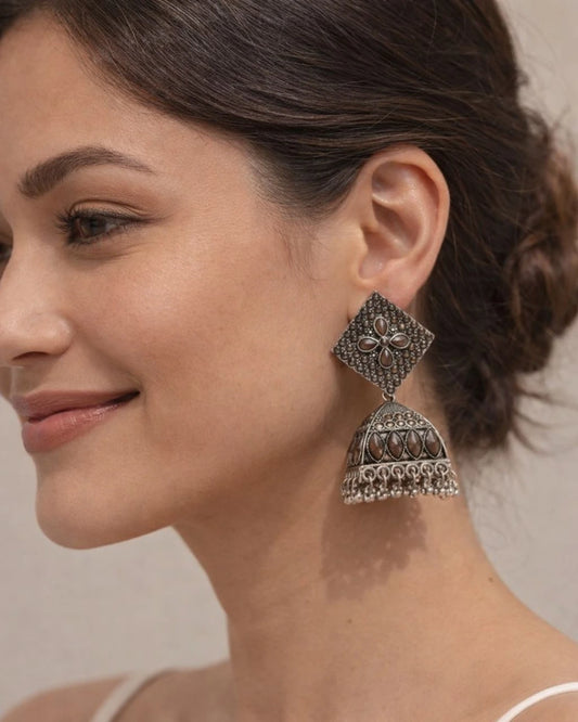 Square Shaped Silver Tone Drop Jhumka