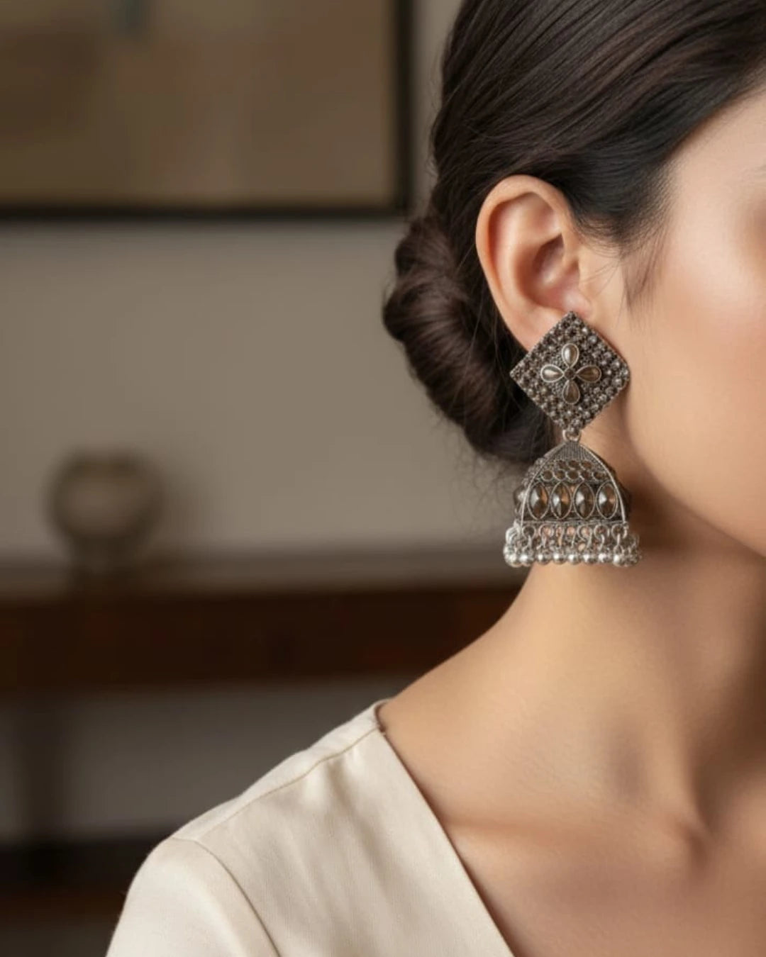 Square Shaped Silver Tone Drop Jhumka