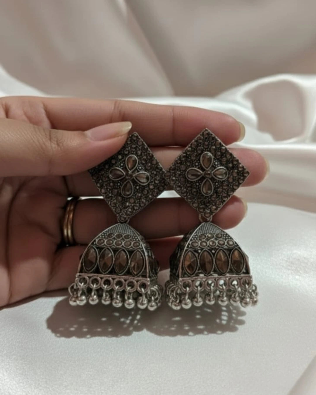Square Shaped Silver Tone Drop Jhumka